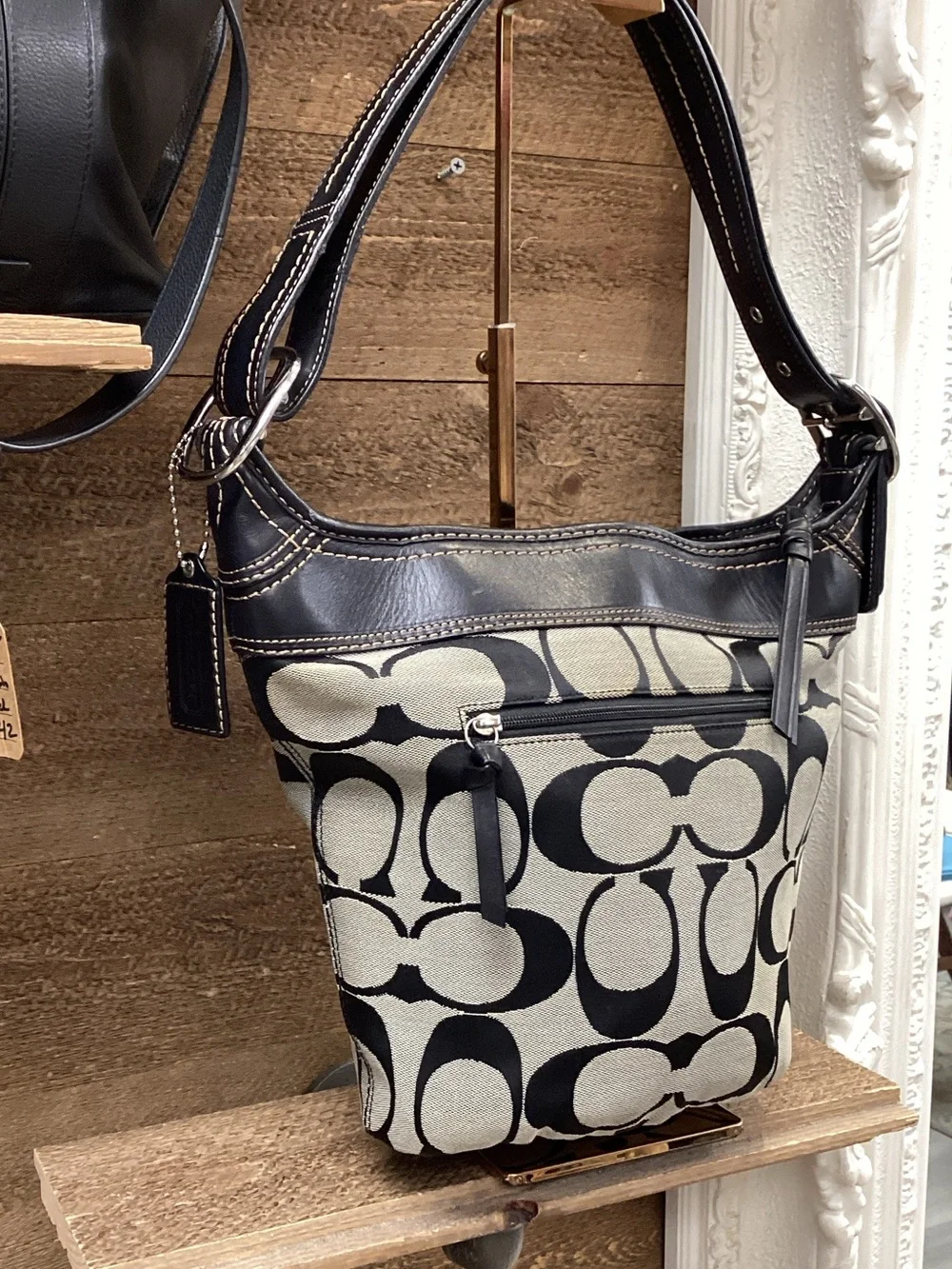 Coach Signature Black Ivory Jacquard Canvas Bucket Hobo Shoulder Bag F13358
